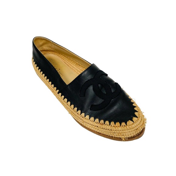 CHANEL Black Leather CC Interlocking Logo Espadrilles Flats Size 40 US 10 - Picture 1 of 10